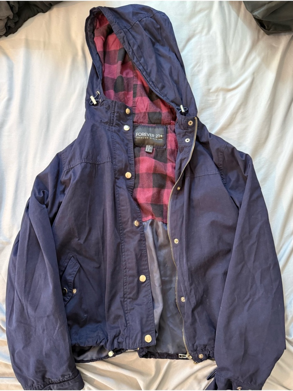 Forever 21 Navy Hooded Jacket with Pink Plaid Lining